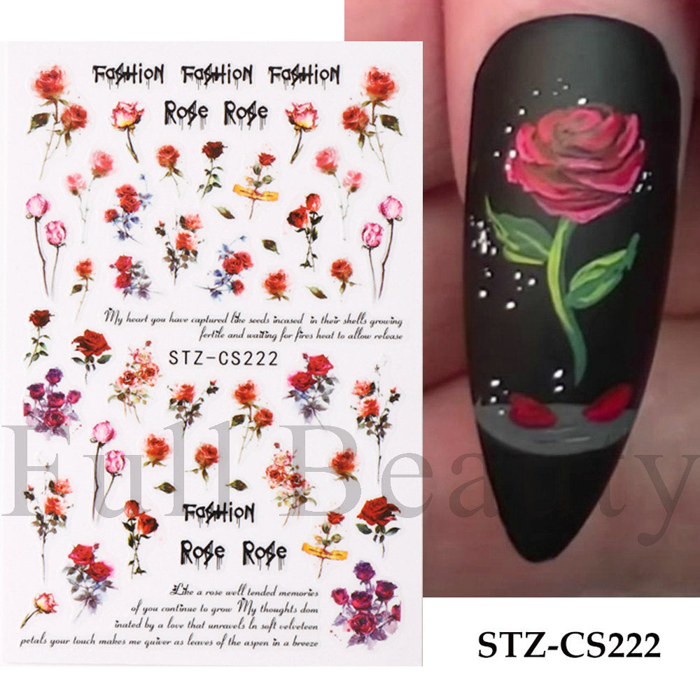 Red Rose Smudges Back Glue Flower Nail Stickers