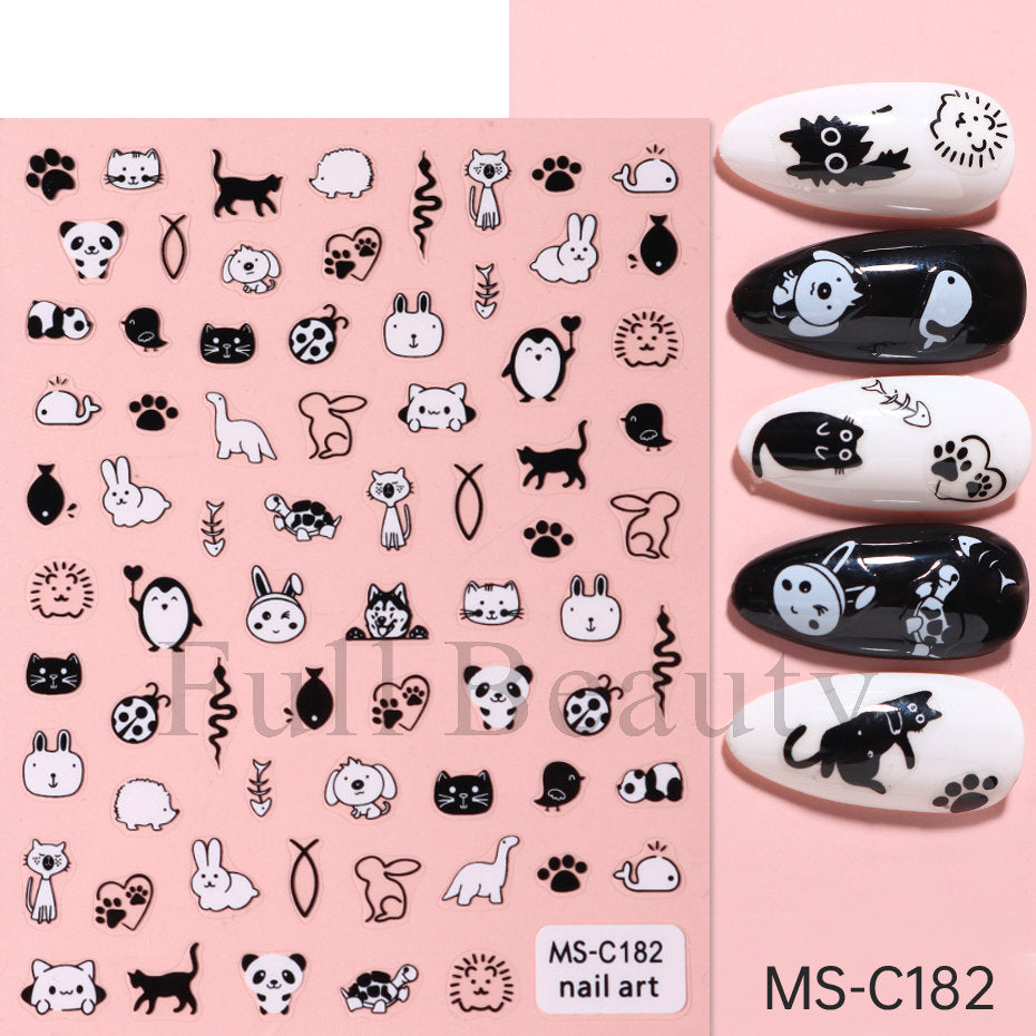 Autocollants pour ongles mignons avec chat noir et chien blanc