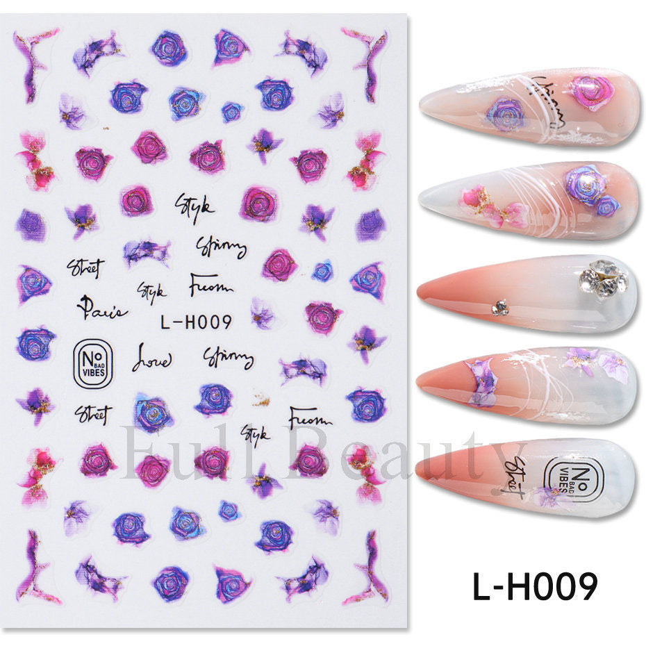 Purple Marble Texture Wave Butterfly Flower Nail Stickers