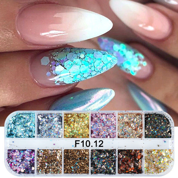 Poudre scintillante variée chaude en boîte, soin des ongles irrégulier en forme de papillon et de cœur, nail art