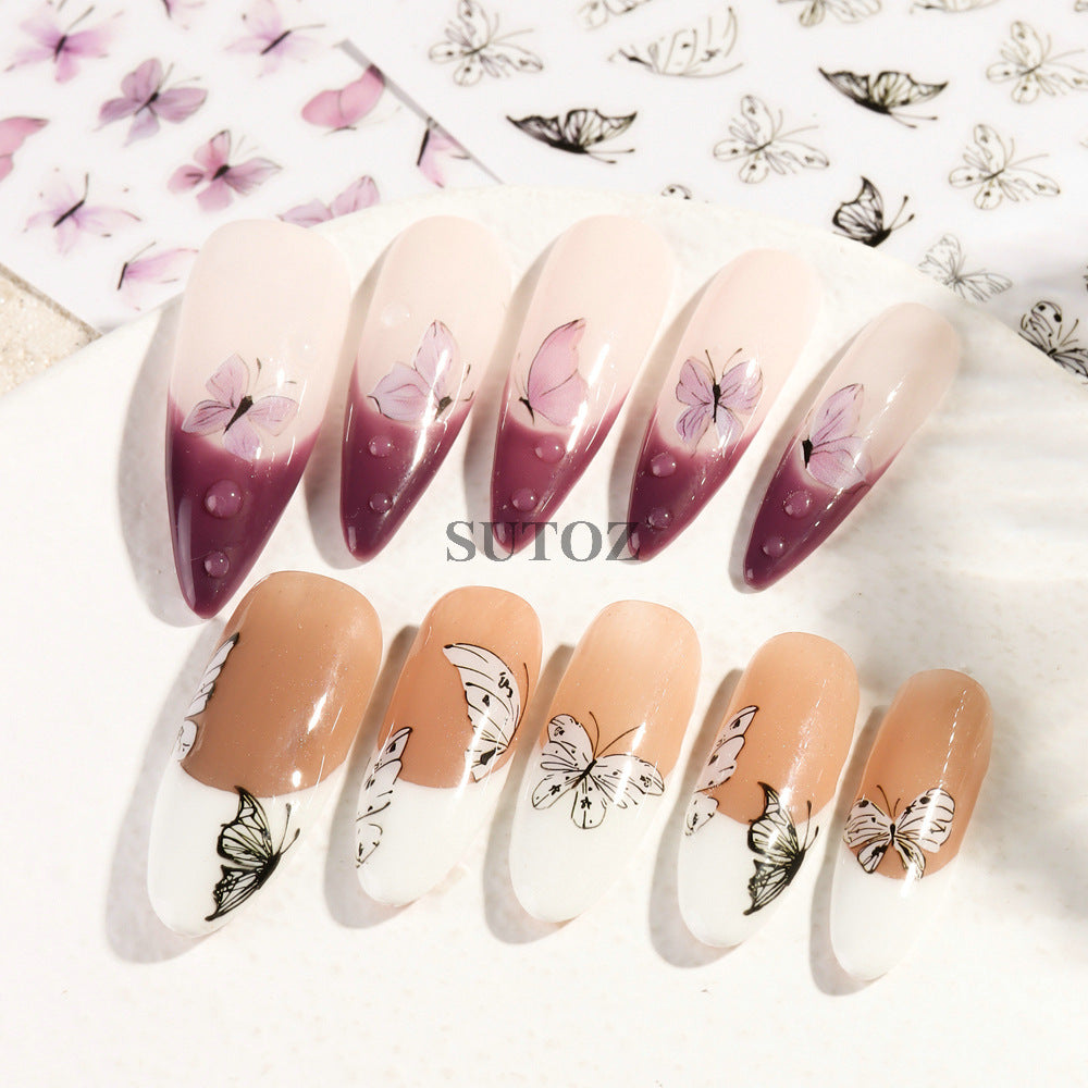 French Taro Purple Black White Butterfly Nail Stickers