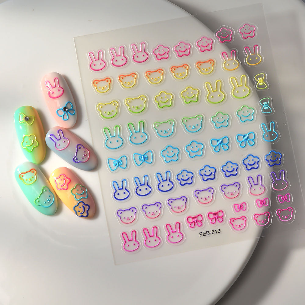 Gradient Hollow Bear Embossed White Cute Nail Stickers