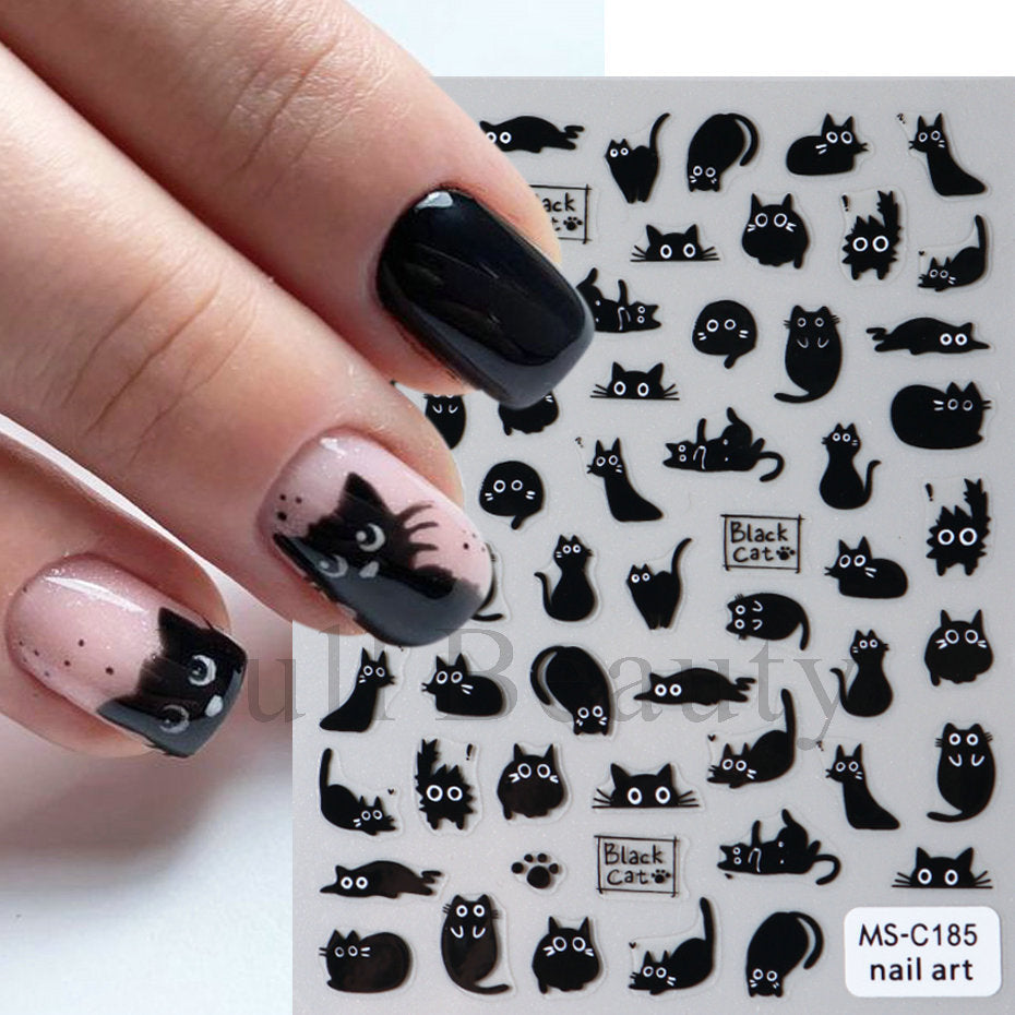 Autocollants pour ongles mignons avec chat noir et chien blanc