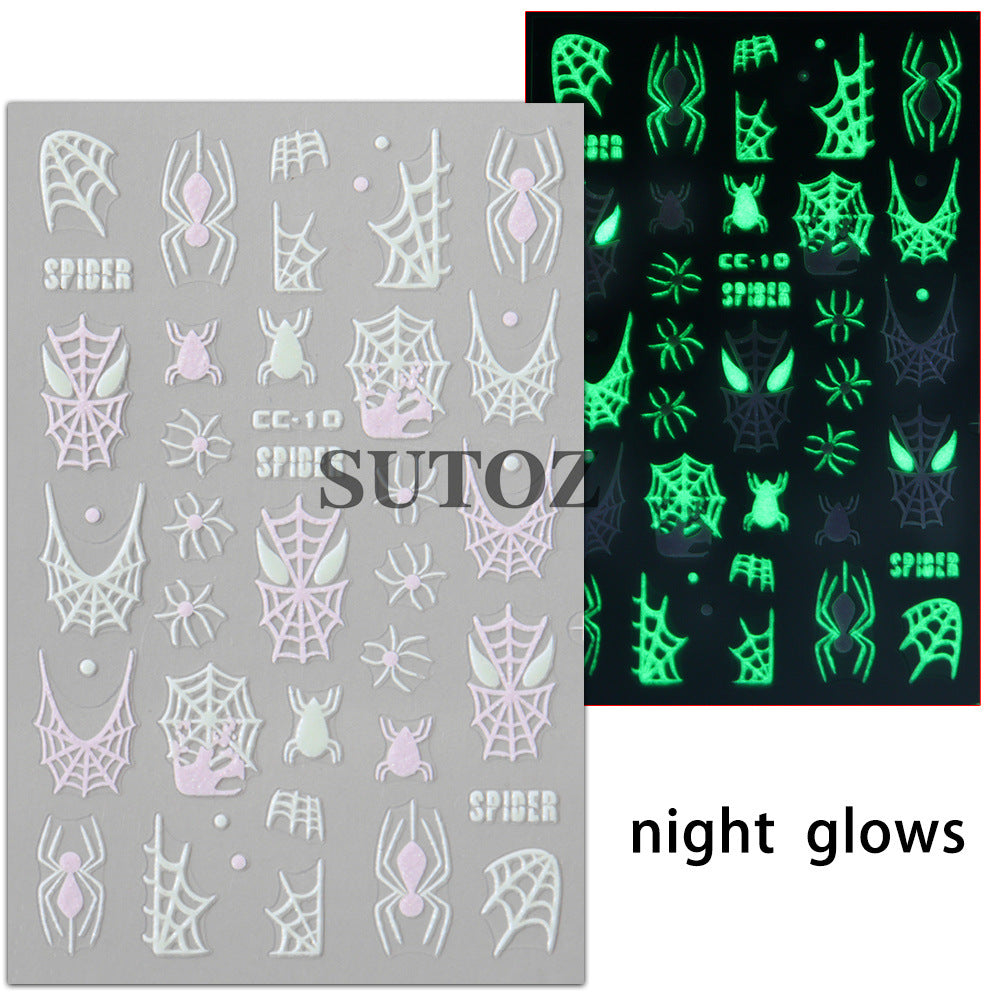 Halloween Glitter Luminous Spider Web Ghost Nail Stickers