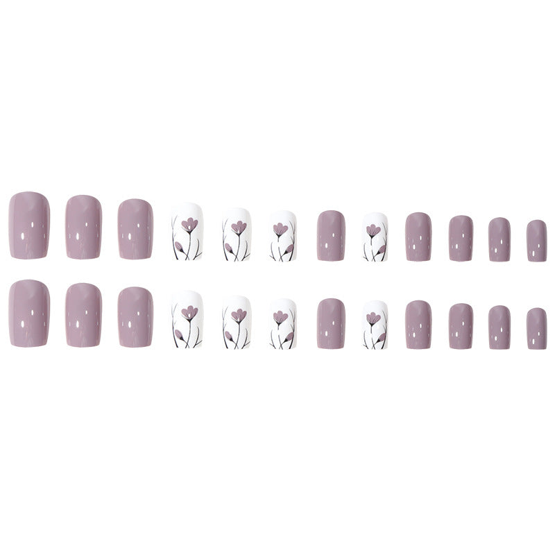 Faux ongles amovibles en forme de petites fleurs de taro violet