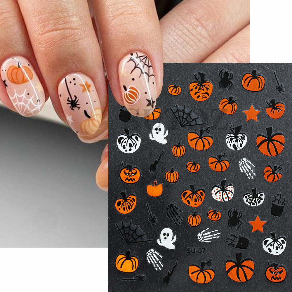 Hot Orange Pumpkin Black Spider Ghost Nail Stickers