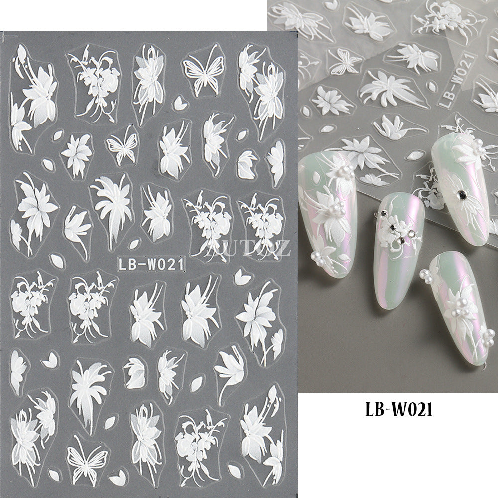 Popular Cool White Moonlight Rose Butterfly Nail Stickers