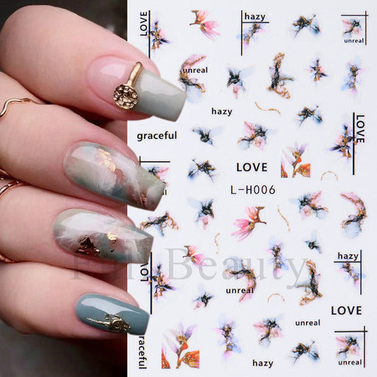 Purple Marble Texture Wave Butterfly Flower Nail Stickers