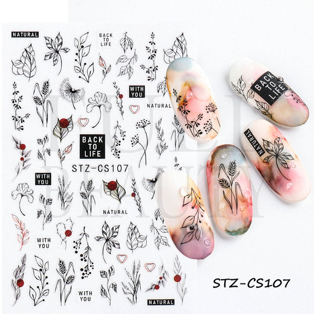 Fresh Flowers Plants Natural Butterfly Lines Facial Nail Stickers