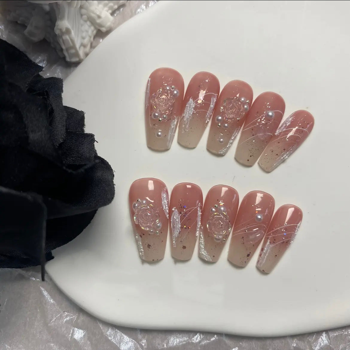 Handmade Camellia Gradient Therapy Finished Wear Nail Stickers