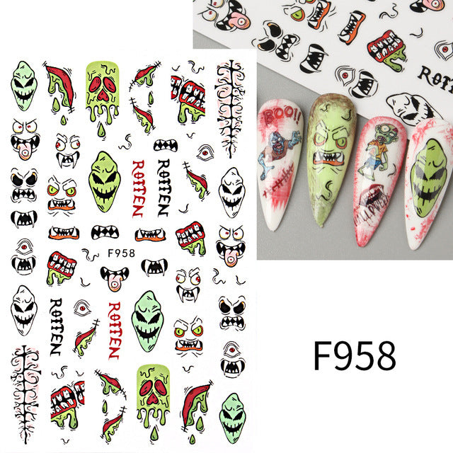 Halloween Cartoon Pumpkin Bat Skull Back Nail Stickers