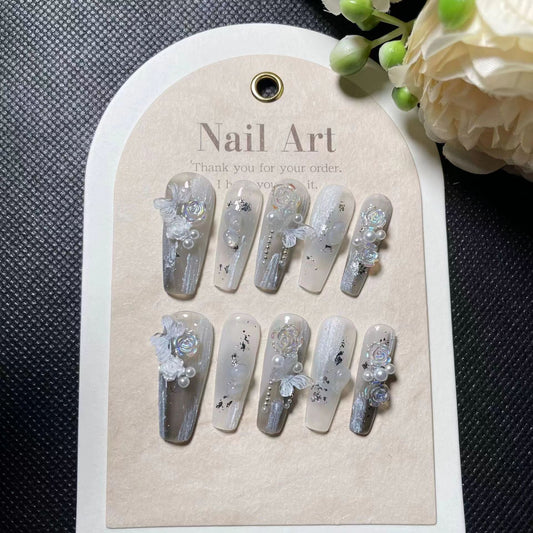 Handmade Brushed Camellia Butterfly Pearl Removable Nail Stickers