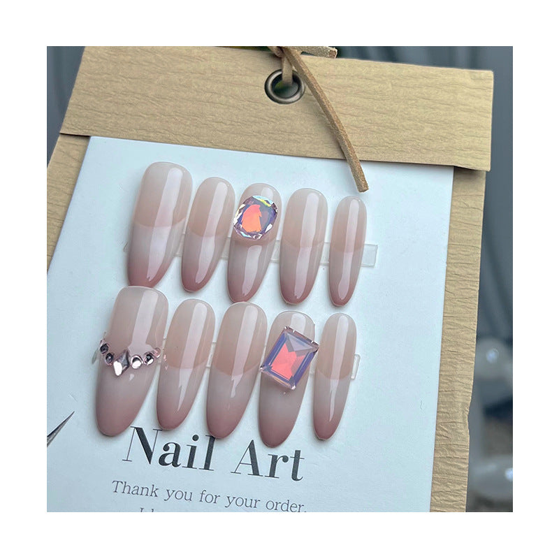 Nude Long Aurora Warm Rhinestone Fake Nail Stickers