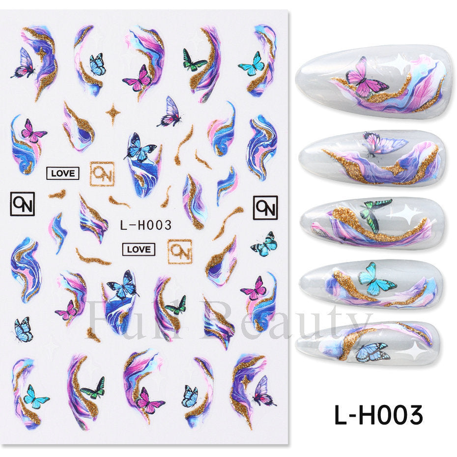 Purple Marble Texture Wave Butterfly Flower Nail Stickers