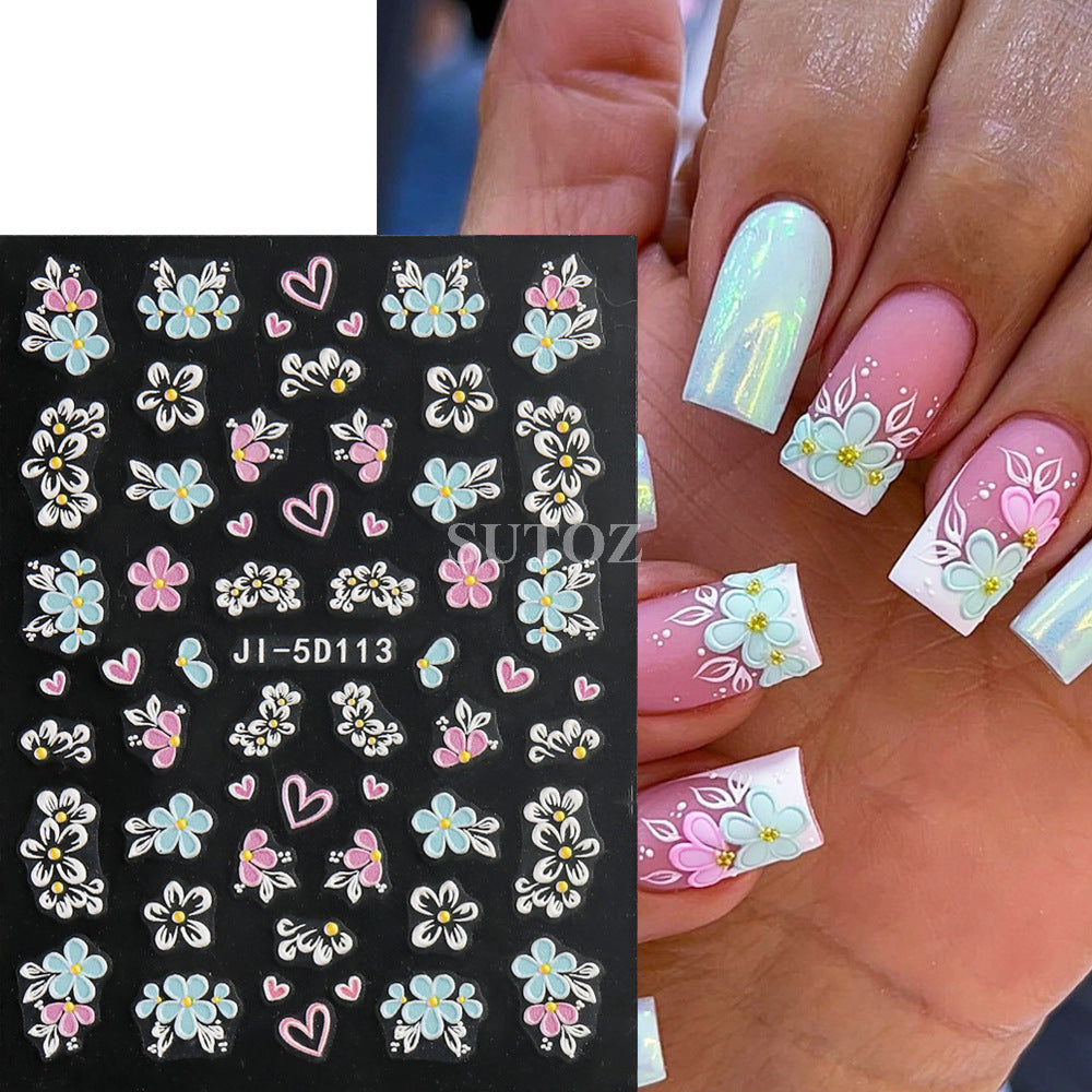 Fresh Three-dimensional Relief Five Petal Flower Butterfly Nail Stickers