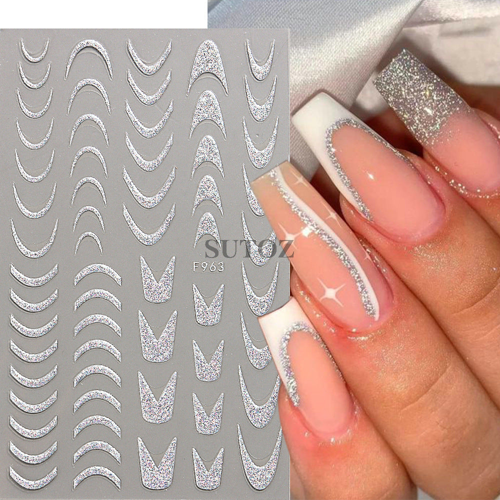 French Glitter Hollow Pentagram Love Lines Nail Stickers