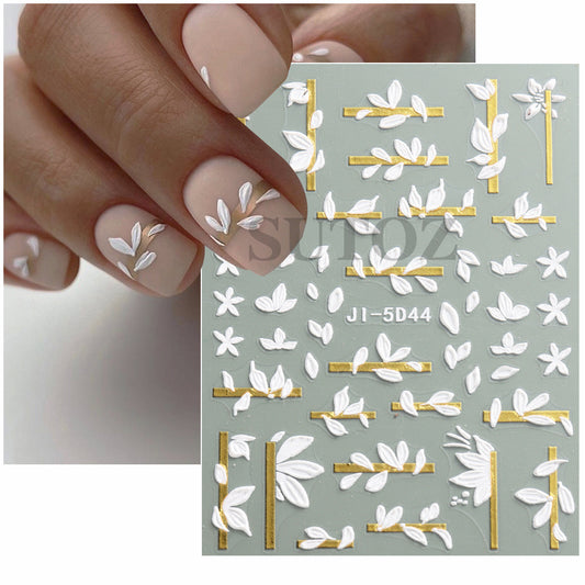 Embossed Style Simple White Flower Penh Nail Stickers