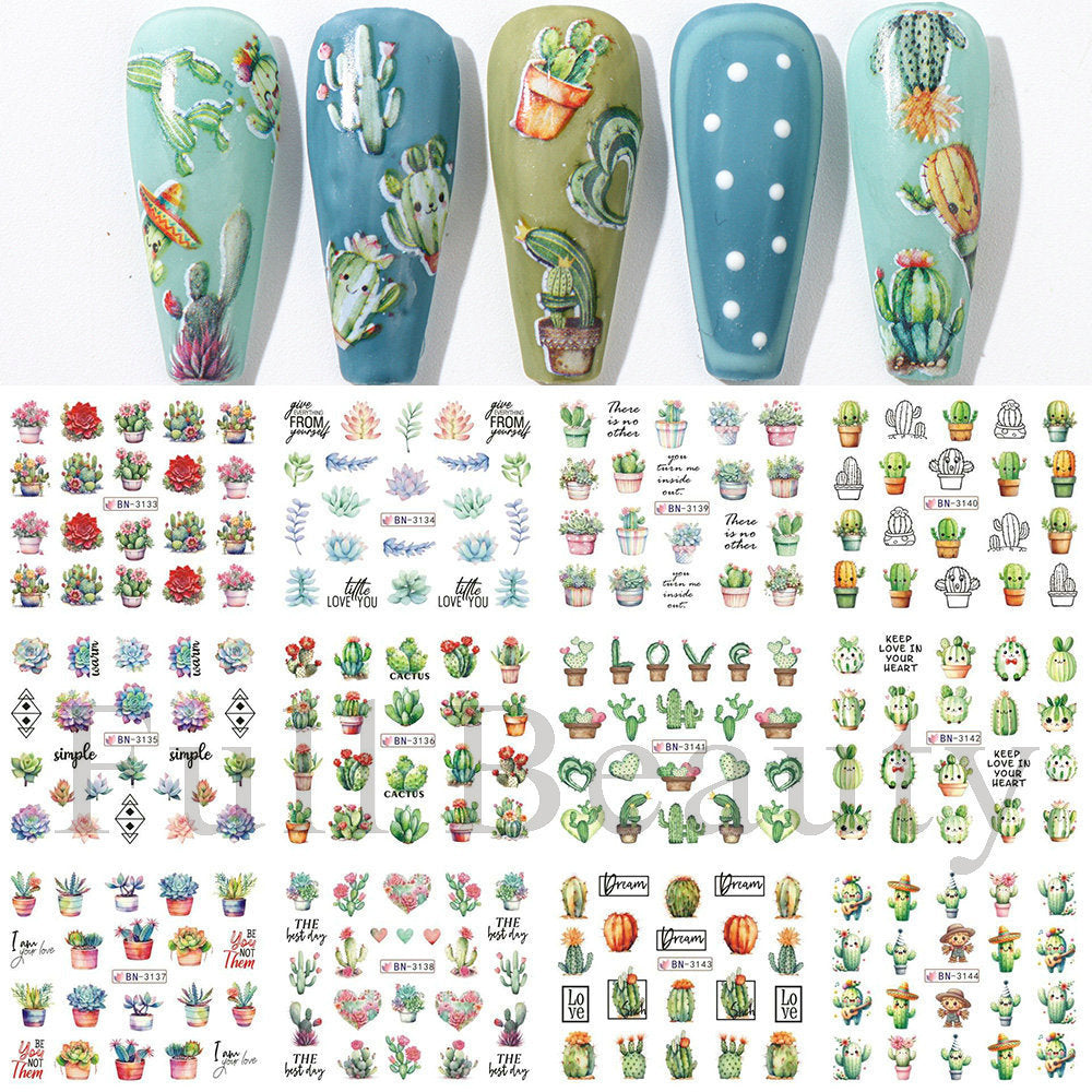 Autocollants pour ongles avec impression à l'eau de beauté, cactus, plantes succulentes