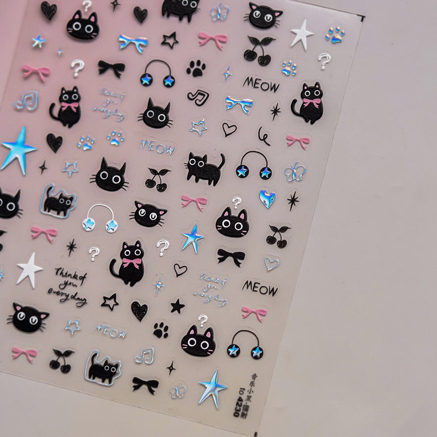 Embossed Stationery Music Little Black Cat Nail Stickers