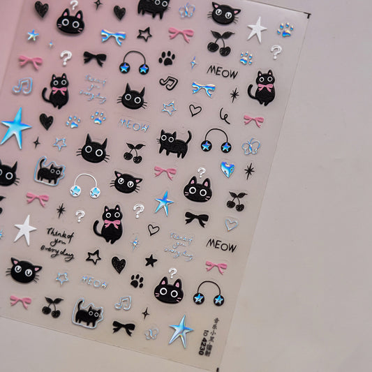 Embossed Stationery Music Little Black Cat Nail Stickers