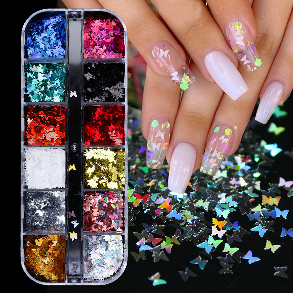 Poudre scintillante variée chaude en boîte, soin des ongles irrégulier en forme de papillon et de cœur, nail art