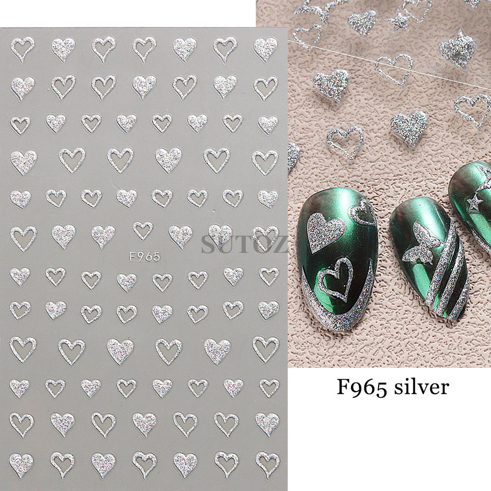 French Glitter Hollow Pentagram Love Lines Nail Stickers