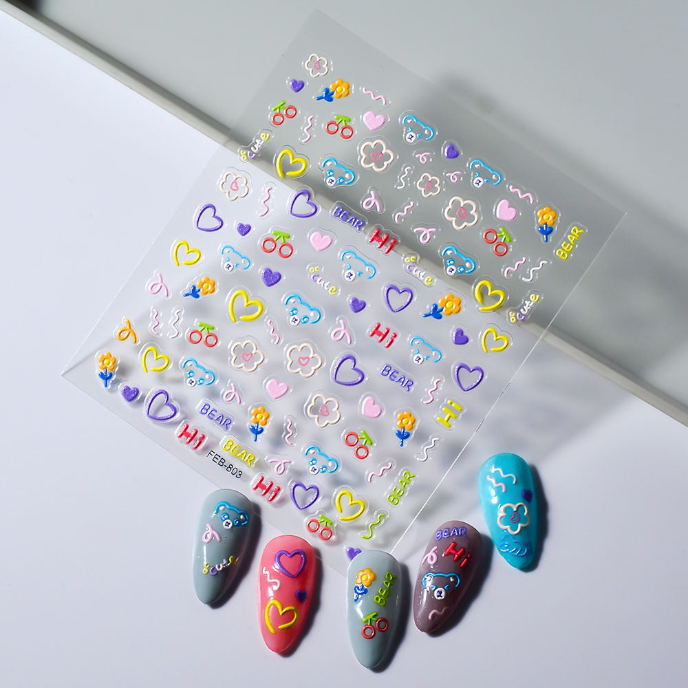 Autocollants pour ongles Love Fresh en trois dimensions transparents en relief avec motif ours