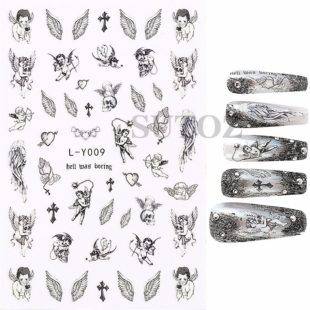 Retro Cartoon Cupid Angel Black Cat Nail Stickers