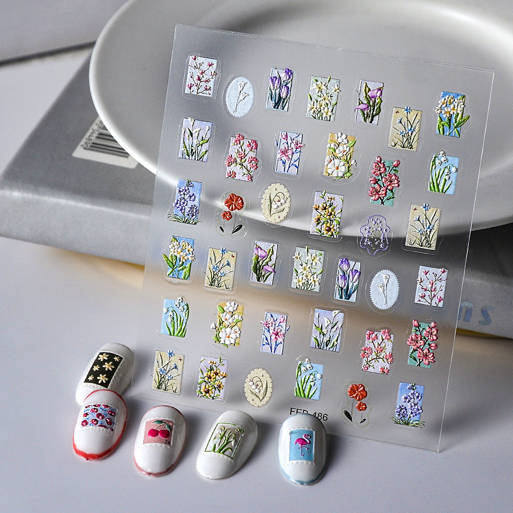 Cute Stamp Embossed Color Block Shaped Piece Nail Stickers