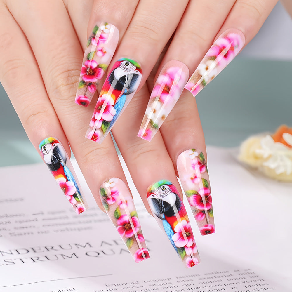 Nail art à motif de perroquet et d'étamines de fleurs de style chinois