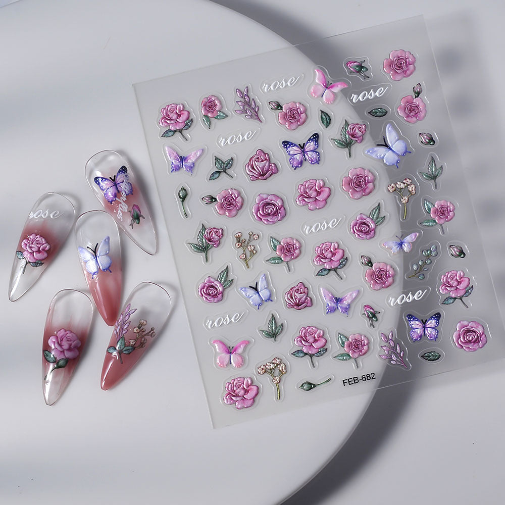 Elegant White Embossed Flower Clear Vigorous Nail Stickers