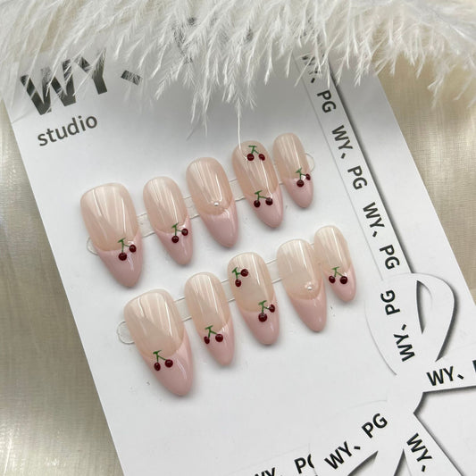 Handmade Hand-made Cherry French Fake Patch Nail Stickers