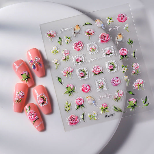 Elegant White Embossed Flower Clear Vigorous Nail Stickers