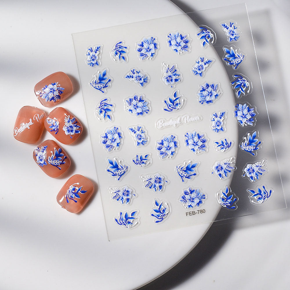 Hand Account Three-dimensional Gouache Flower Blue Nail Stickers