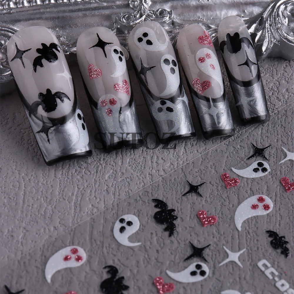 Halloween Glitter Luminous Spider Web Ghost Nail Stickers