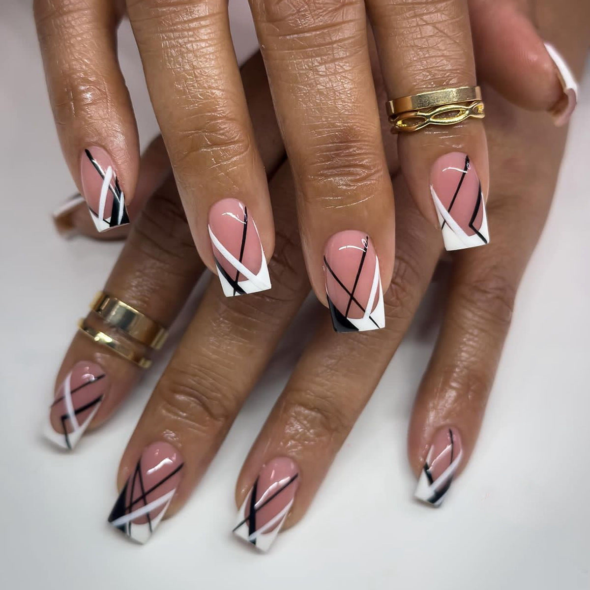 Faux ongles réutilisables et portables, nail art français noir et blanc