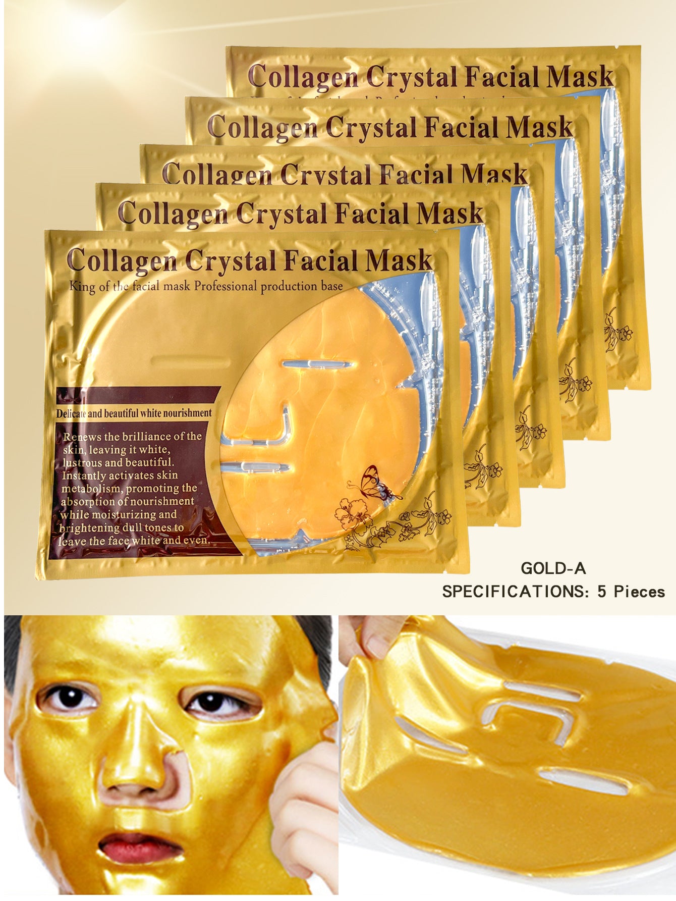 Pièce de soin du visage hydratant et éclaircissant au collagène cristal doré