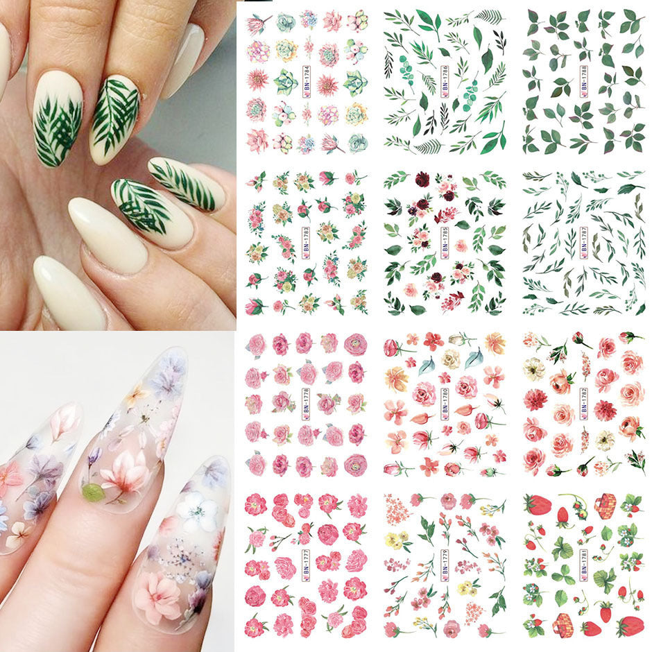 Autocollants pour ongles en filigrane avec fleurs fraîches, feuilles en fleurs