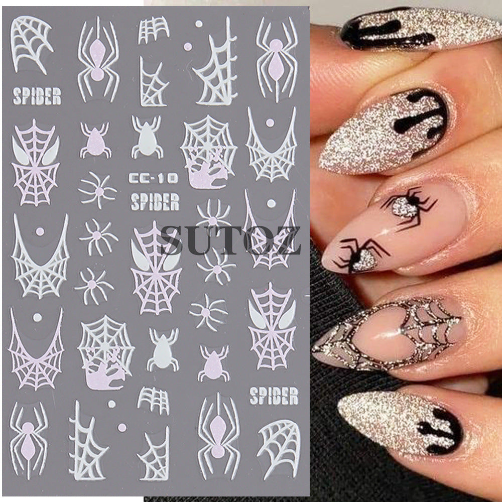 Halloween Glitter Luminous Spider Web Ghost Nail Stickers