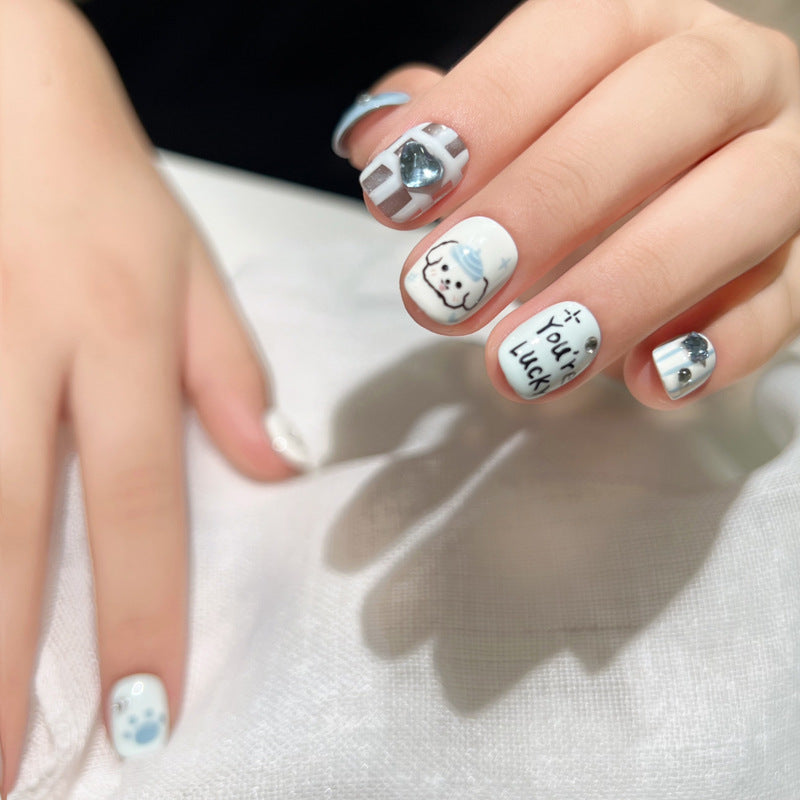 Blue White Color Jumping Hand Painted Iti Puppy Nail Stickers