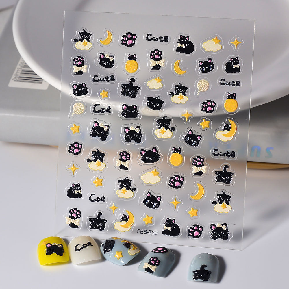 Black Cat Embossed Waterproof Moon Small Pattern Mobile Nail Stickers