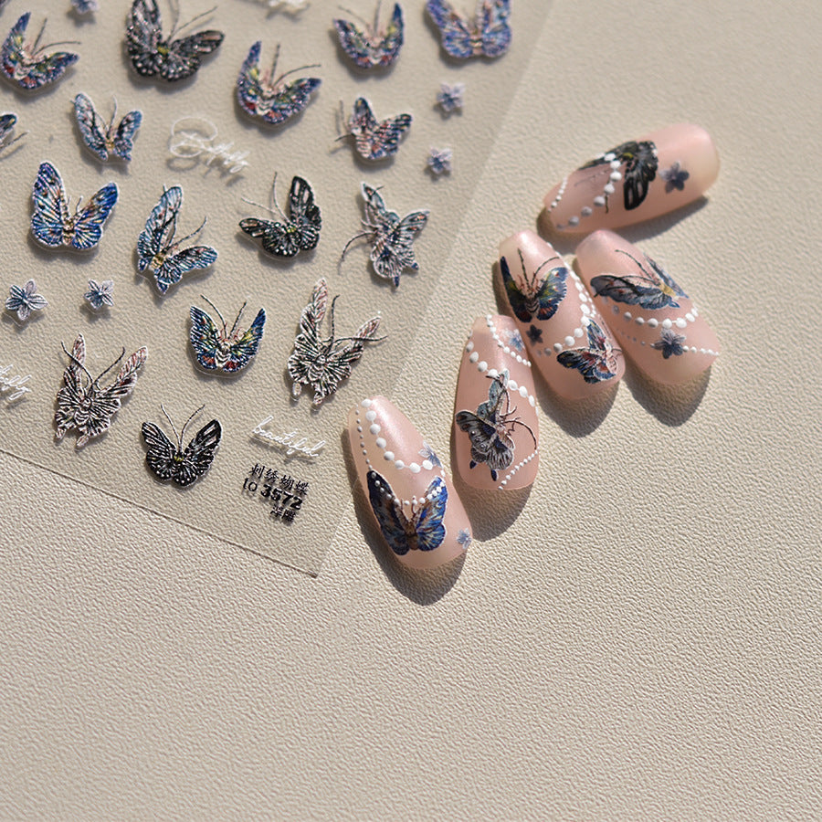 Durable Embossed Retro Style Embroidery Butterfly Nail Stickers