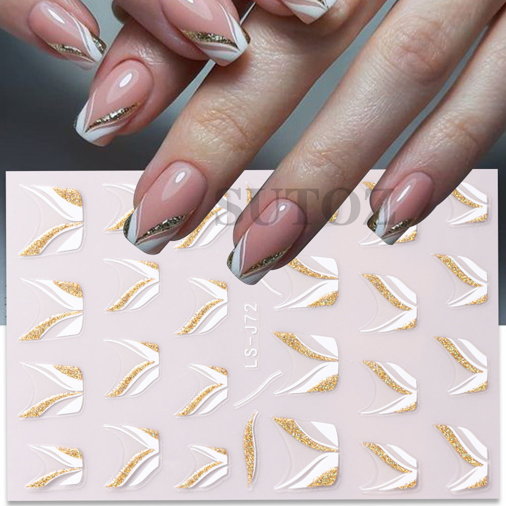 French Glitter Line Feather Back Glue Nail Stickers