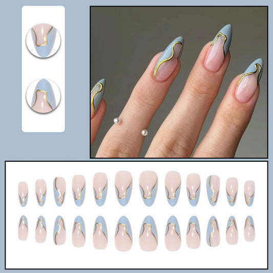 Nail Art amovible ondulé bleu à bord doré avec armure en forme de goutte d'eau