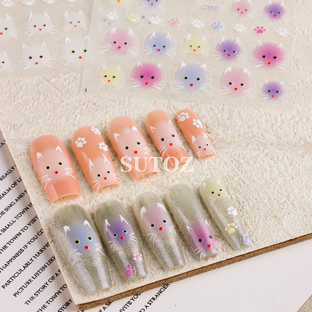 Summer Cute Furry Kitty Back Glue Nail Stickers