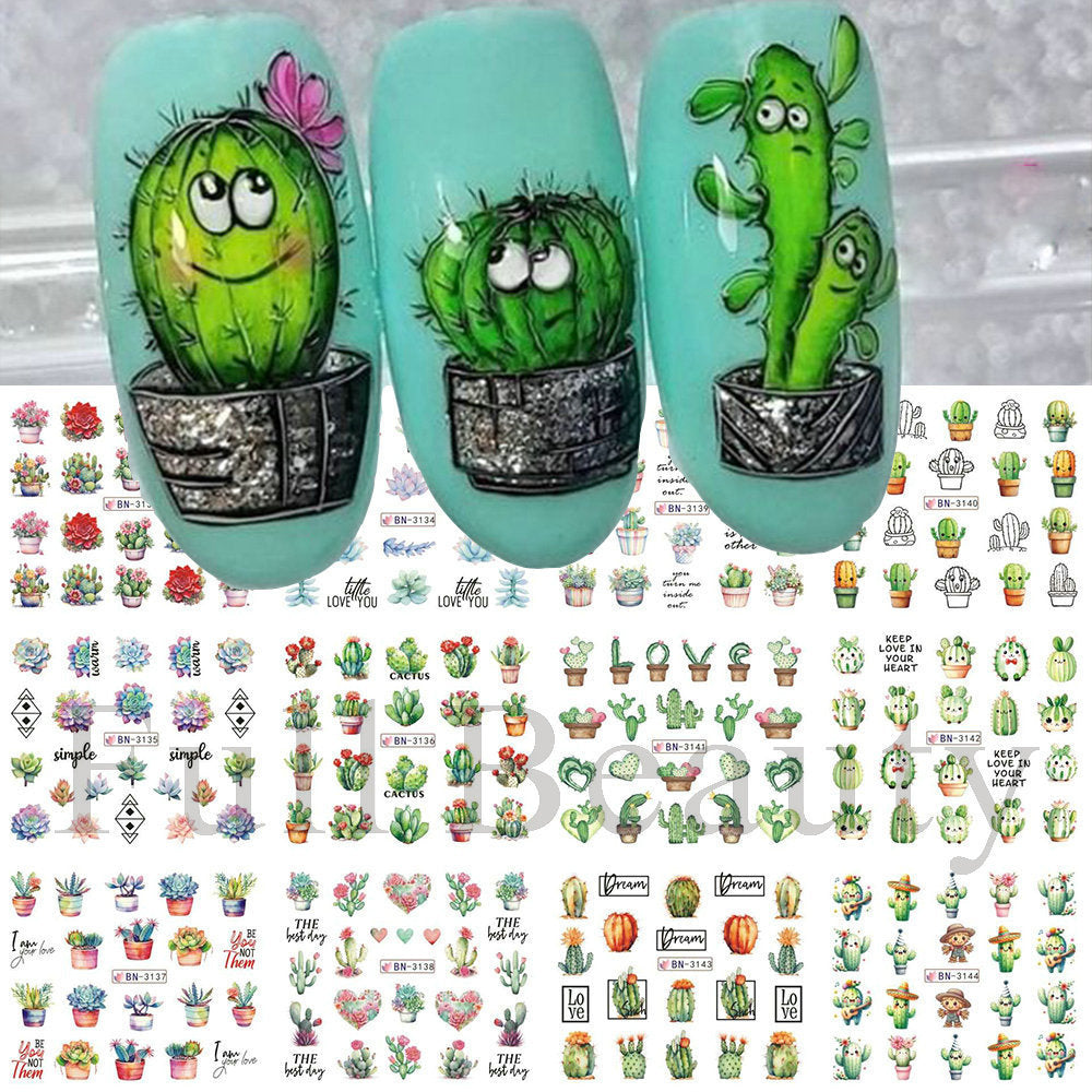 Autocollants pour ongles avec impression à l'eau de beauté, cactus, plantes succulentes