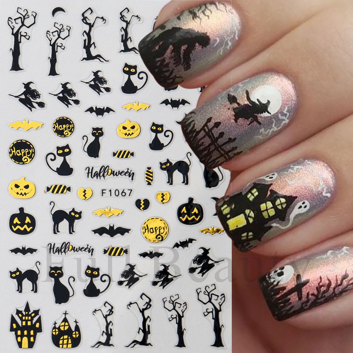 Halloween Cartoon Pumpkin Bat Skull Back Nail Stickers