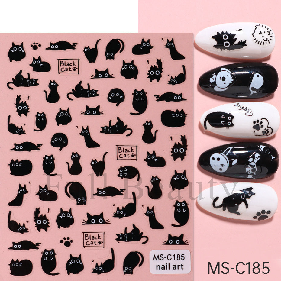 Autocollants pour ongles mignons avec chat noir et chien blanc