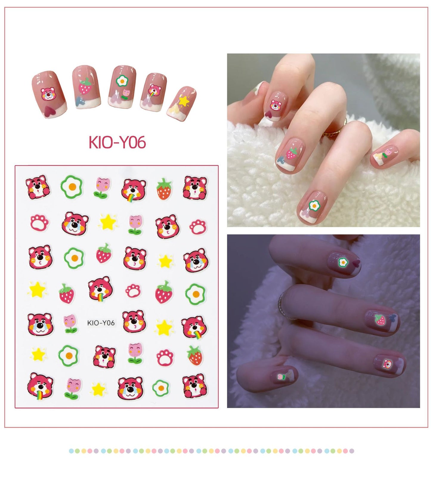 Luminous Strawberry Bear Cartoon Animal Dinosaur Glowing Nail Stickers