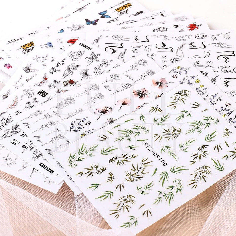 Fresh Flowers Plants Natural Butterfly Lines Facial Nail Stickers